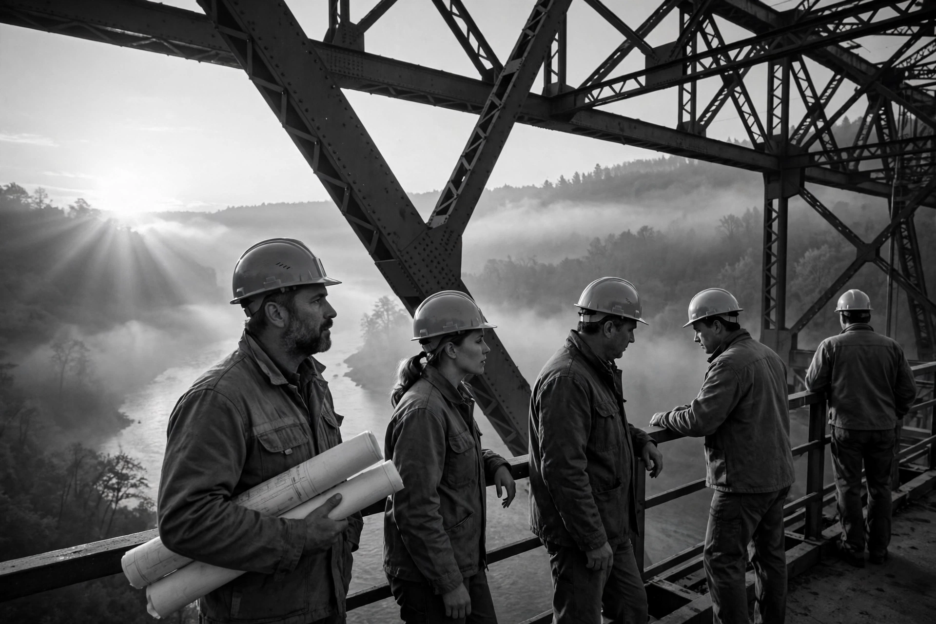 Black and white photograph of engineers with rolled plans inspecting a steel truss bridge at sunrise